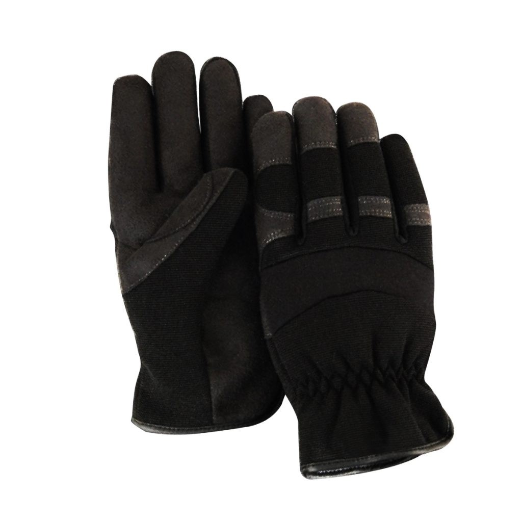 Black mechanic work gloves with synthetic leather palm and reinforced grip for industrial and automotive use
