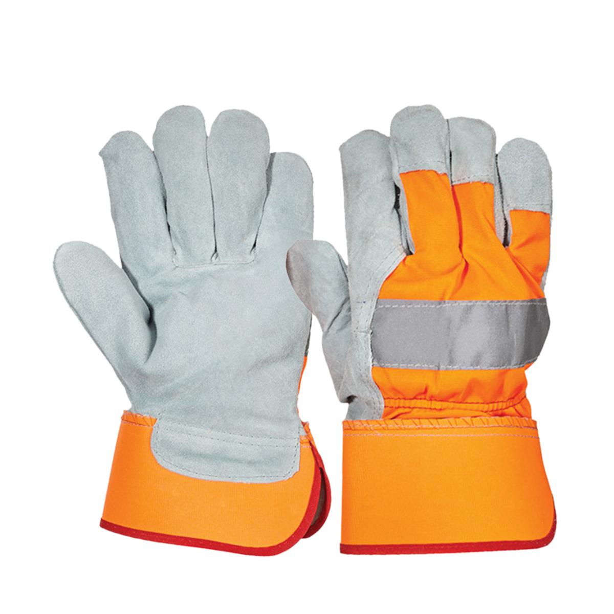 Hi-vis split leather rigger gloves with fluorescent fabric back and rubberized cuff by Tough Safety Wears for industrial hand protection