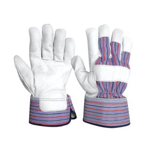 Pair of Canadian style rigger gloves with white cowhide leather palms and blue/red striped fabric backs with safety cuffs.