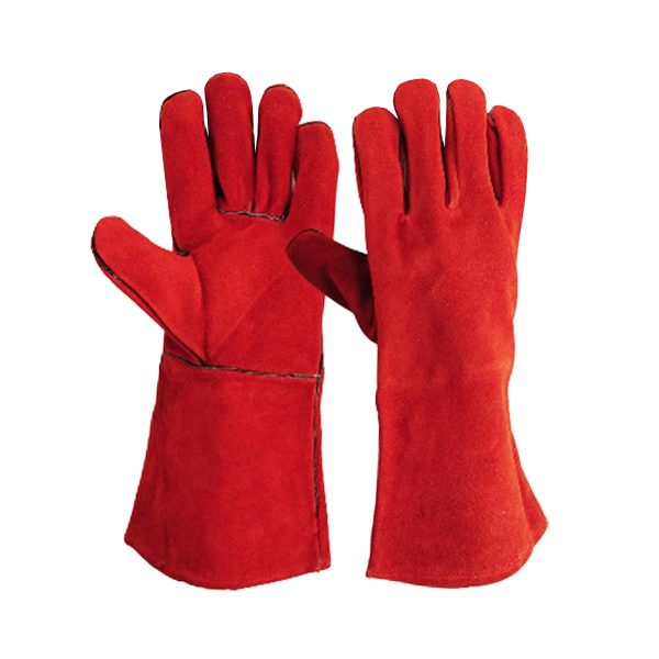 Heavy-duty red cow split leather welding gloves stitched with Kevlar thread, providing heat-resistant protection for industrial welding applications.