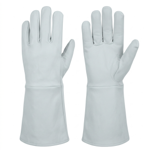 Premium goatskin TIG welding gloves with split leather gauntlet cuff for industrial welding, fabrication, heat resistance, and safety applications
