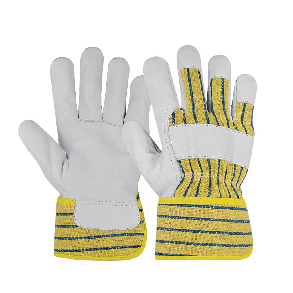 cowhide leather work gloves with safety cuff yellow striped canadian gloves