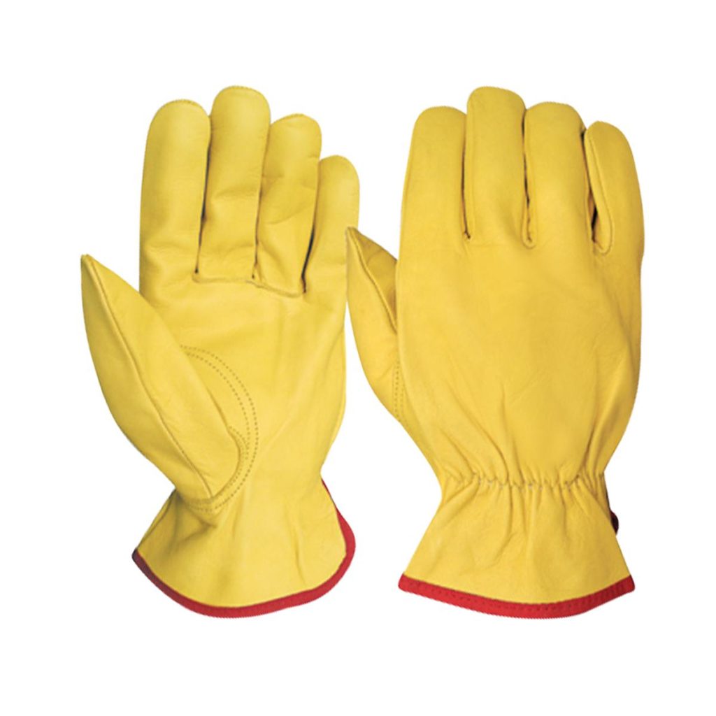 Yellow full grain goatskin leather driver work gloves with keystone thumb and elastic wrist for industrial safety applications
