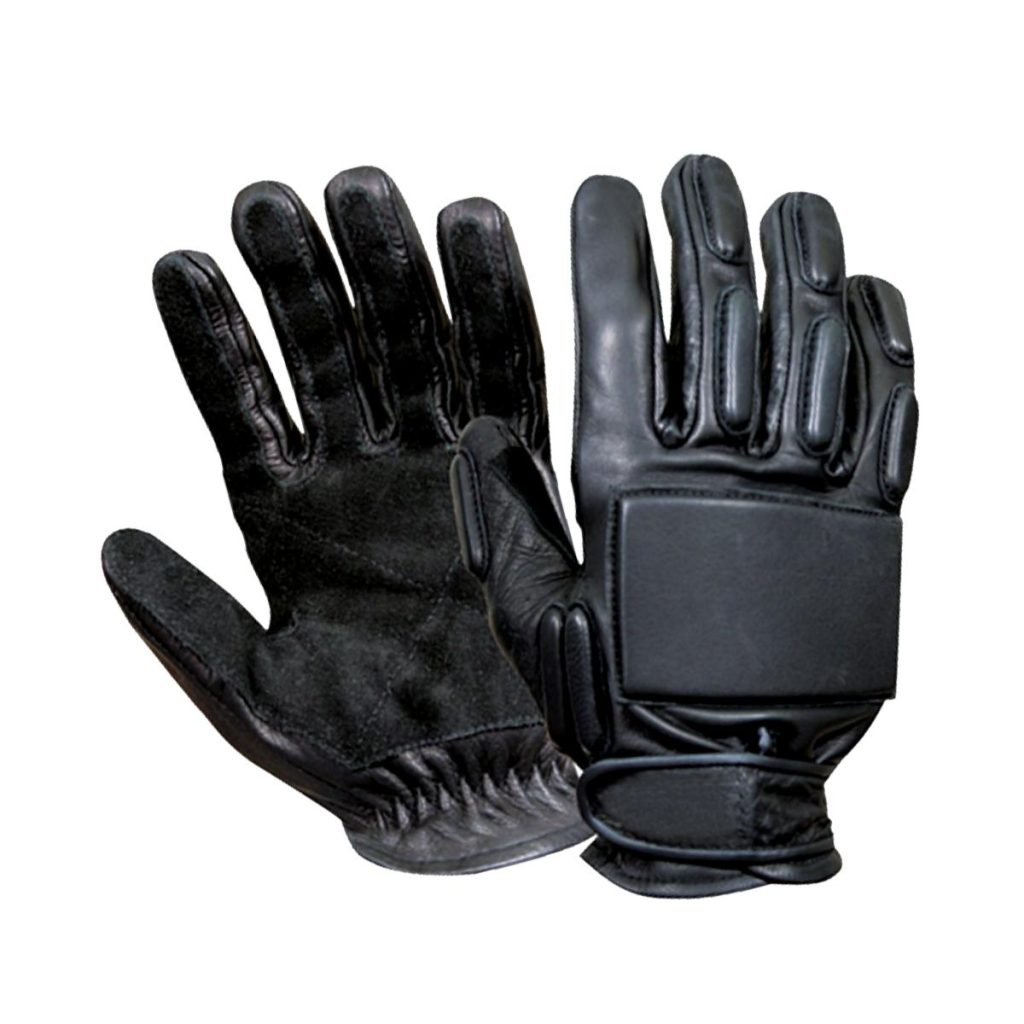 black tactical leather gloves with impact protection for industrial and security use