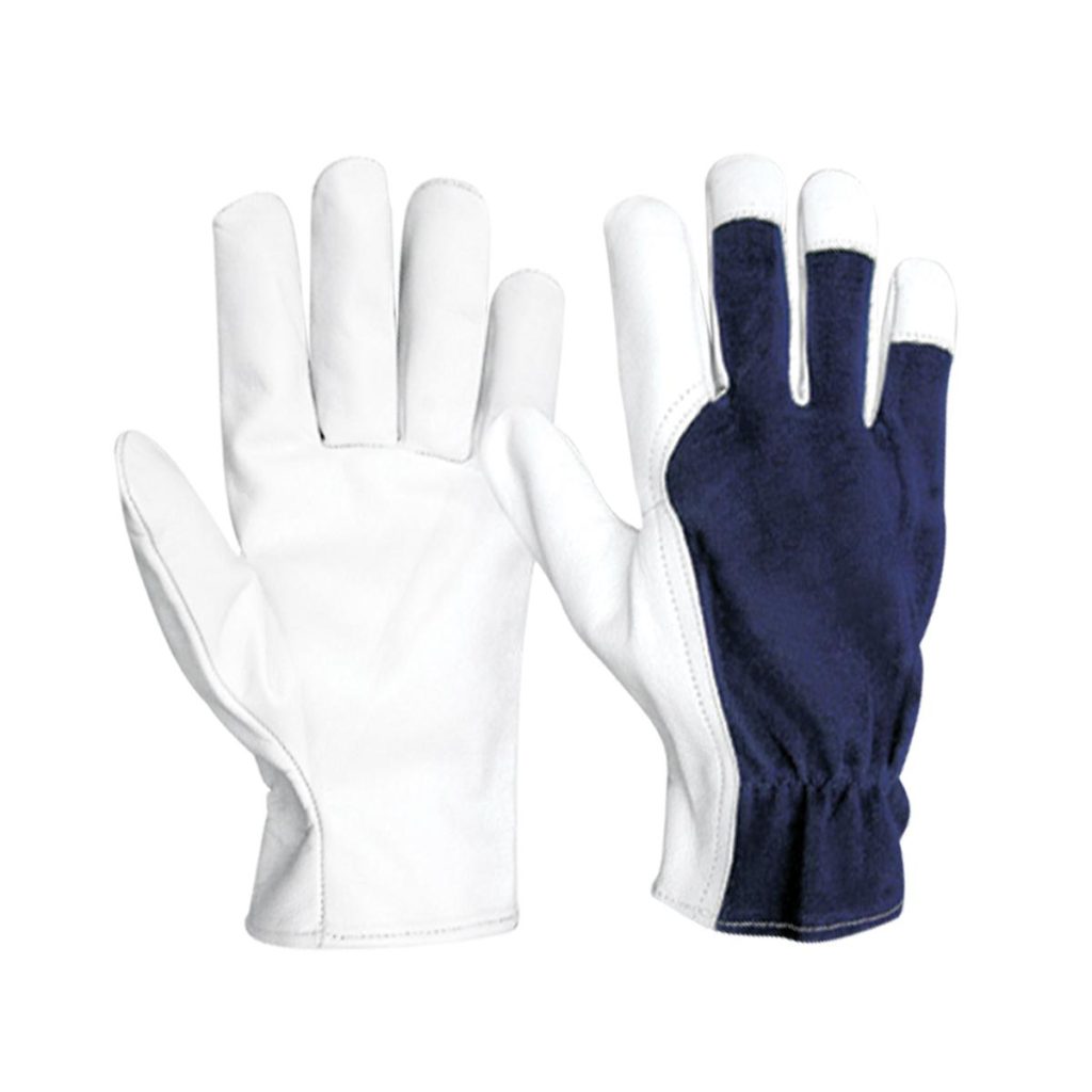 Goatskin leather palm work gloves with fleece fabric back and elastic wrist for industrial safety