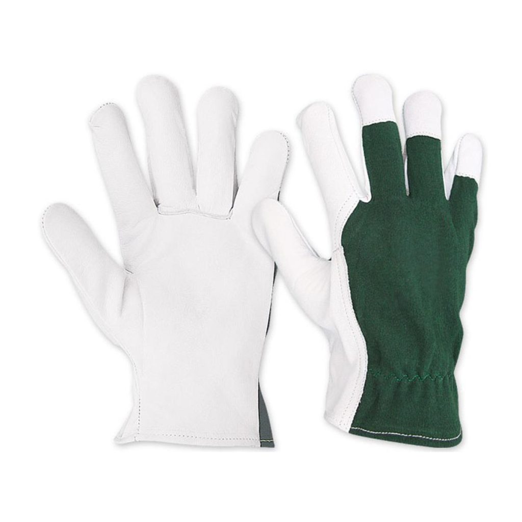 Goatskin leather assembly gloves with green interlock fabric back by Tough Safety Wears for industrial handling and assembly work