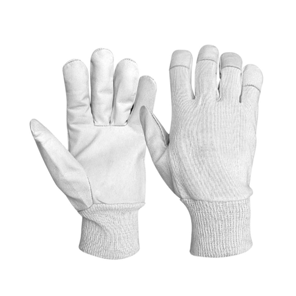 Goatskin leather palm work gloves with PC fabric back and knitted wrist cuff for industrial use