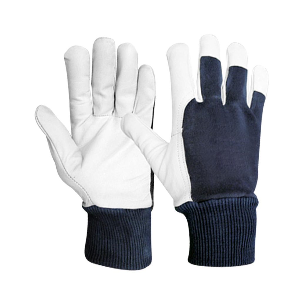 “Goatskin leather palm work gloves with interlock fabric back and knit wrist cuff for industrial and assembly use