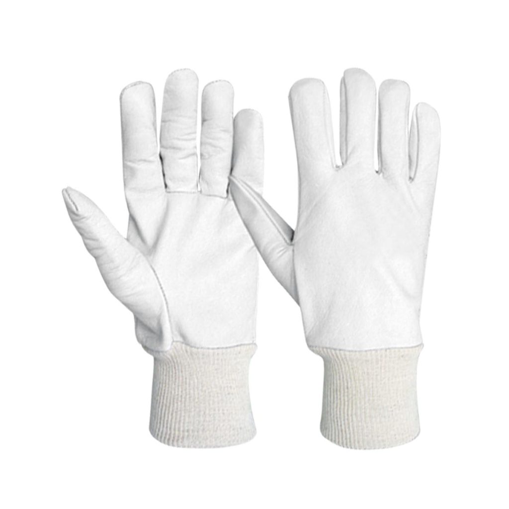 Full goatskin leather work gloves with PC interlock fabric back and knit wrist cuff for industrial safety and assembly use