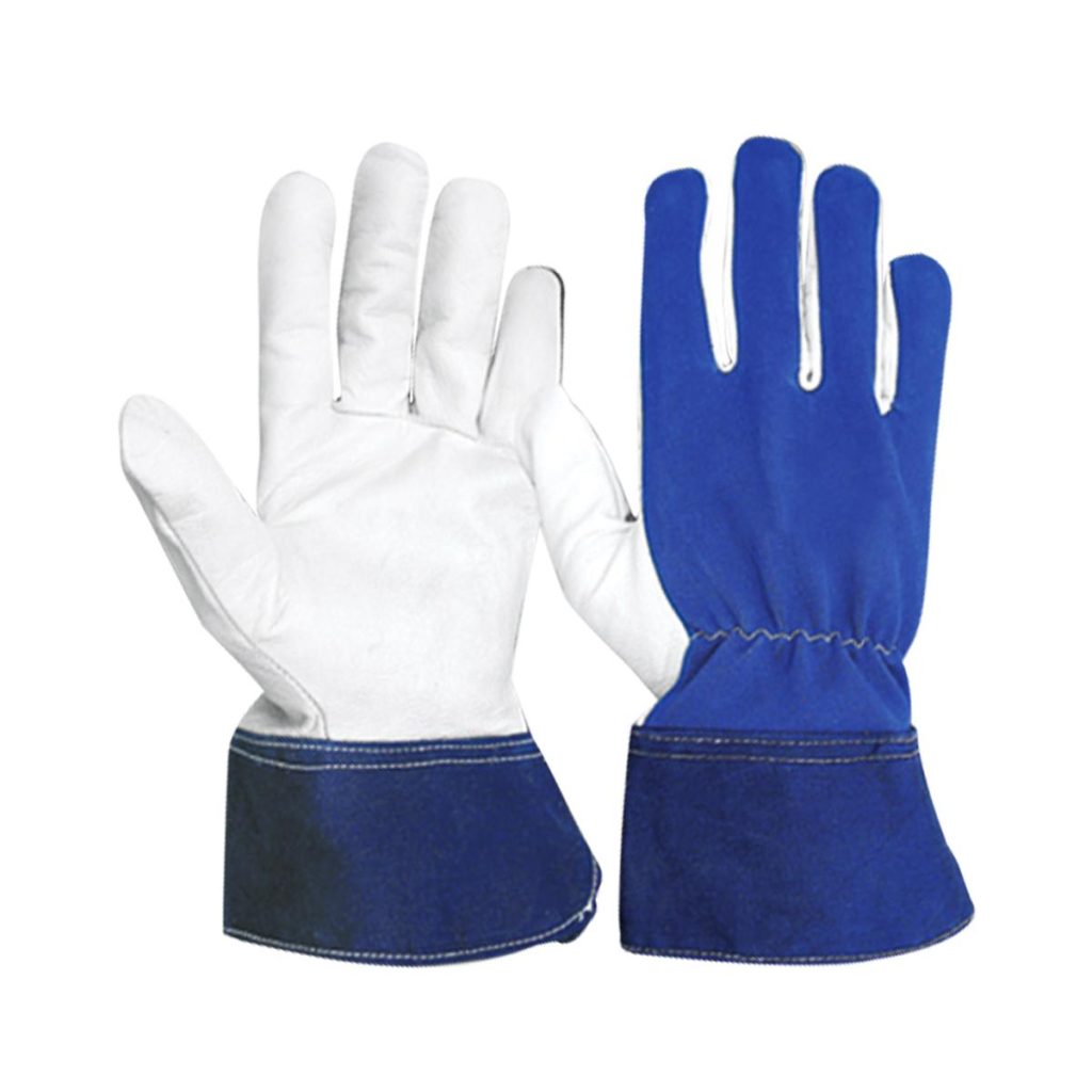 White grain leather palm fitter gloves with blue fabric back and navy blue rubberized safety cuff for industrial rigging