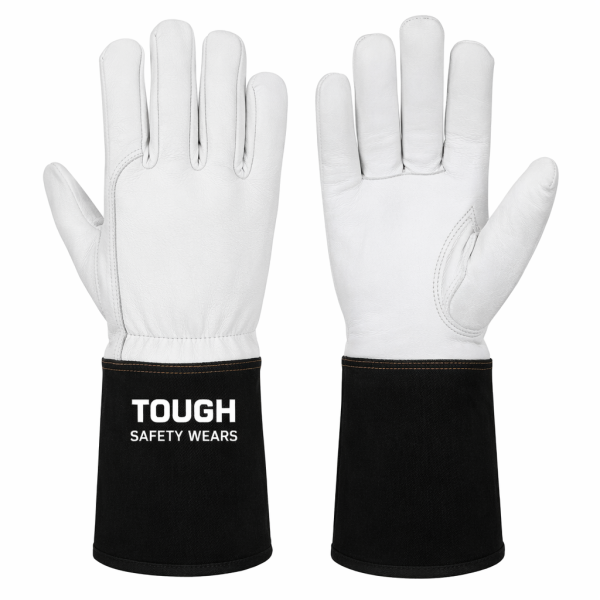TIG welding gloves with long black gauntlet cuff