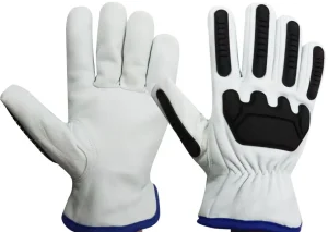 White grain leather mechanics gloves with black TPR impact protection on knuckles and fingers for heavy-duty industrial work.