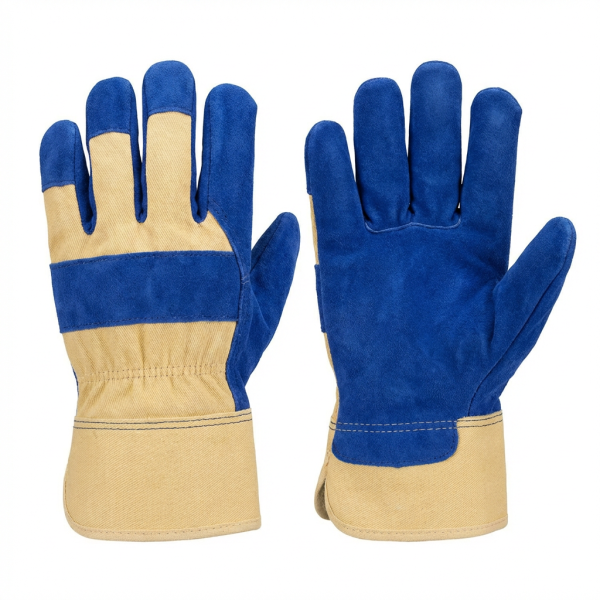 blue split leather palm work gloves with cotton back industrial safety gloves