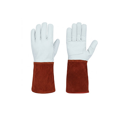 Premium MIG welding leather gauntlet gloves made from goatskin leather with cow split safety cuff for heat resistance, welding hand protection, and industrial safety applications.
