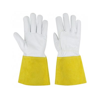 Premium goatskin leather welding gloves with cow split safety cuff, heat-resistant welding hand protection for workshop, fabrication, construction, and industrial welding applications by Tough Safety Wears Pakistan.