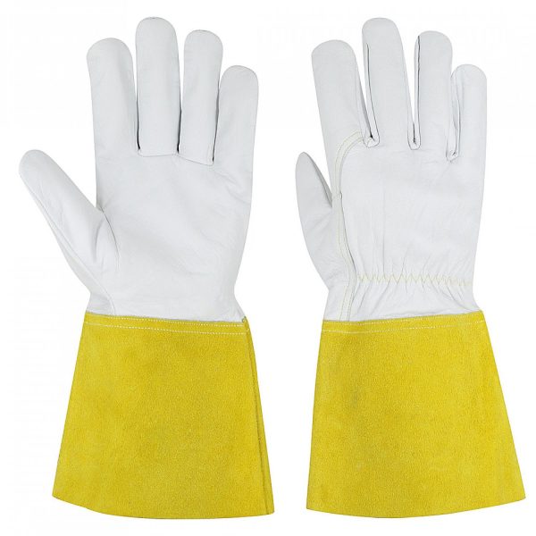 Premium goatskin leather welding gloves with yellow split leather cuff for TIG welding, industrial heat protection, fabrication, and safety applications