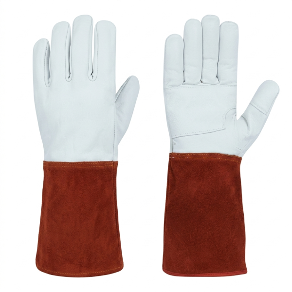 White grain leather stick welding gloves with long russet suede gauntlet cuffs for heat protection