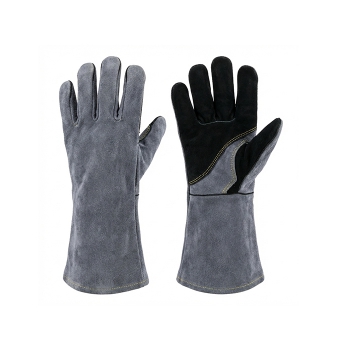 Grey split cow leather welding gloves with black reinforced palm and extended gauntlet cuff