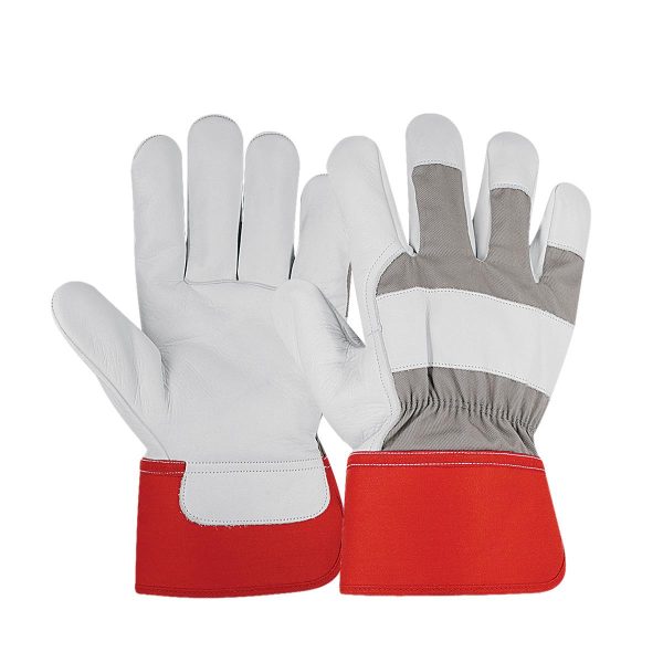 Cowhide leather work gloves with canvas back and red safety cuff for construction and industrial use