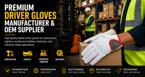 Premium driver gloves manufacturer and OEM supplier banner showing industrial leather work gloves for construction, logistics, warehouse handling, mechanics, and safety applications