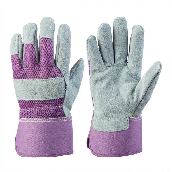 Breathable gardening gloves with cow split leather palm, breathable mesh back, reinforced knuckle protection, and safety cuff for gardening, landscaping, pruning, and outdoor work.
