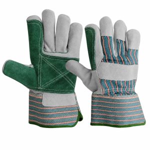 Heavy-duty Canadian Rigger Gloves for Construction featuring a double-layered green split leather reinforced palm, gray cowhide fingers, index reinforcement, and a striped rubberized safety cuff.