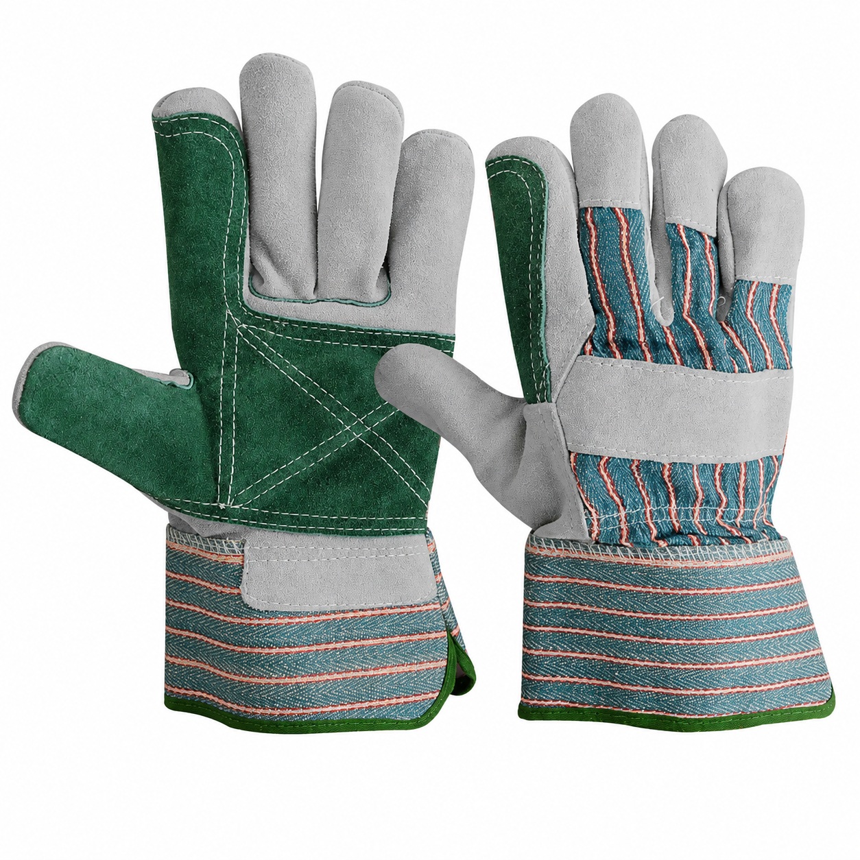 Heavy-duty Canadian Rigger Gloves for Construction featuring a double-layered green split leather reinforced palm, gray cowhide fingers, index reinforcement, and a striped rubberized safety cuff.