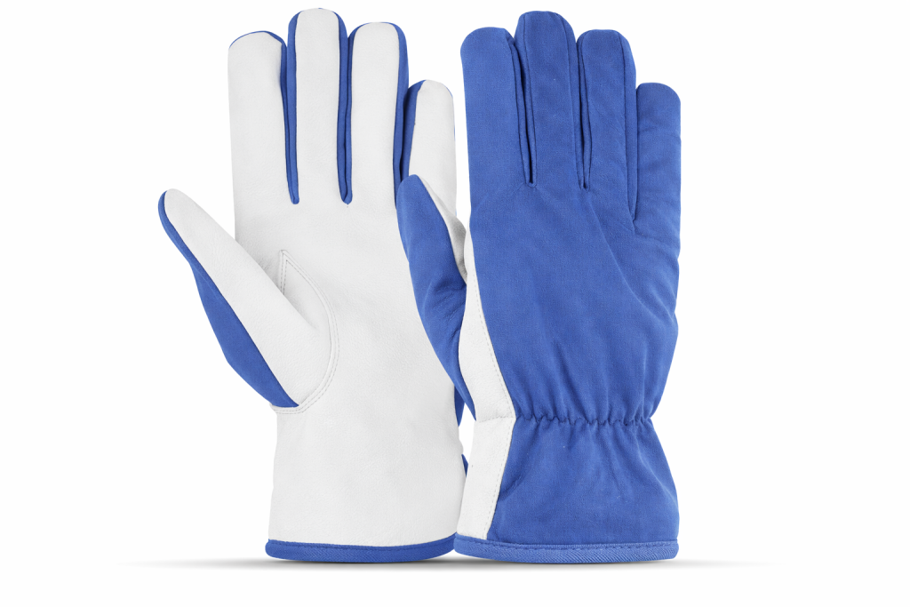 Goatskin leather palm work gloves with royal blue polyester fabric back and elastic wrist