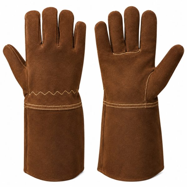 WELDING GLOVES displaying a front and back pair view of a heavy-duty cow split leather welding gauntlet glove featuring a thick, premium-grade suede leather body, extended forearm safety cuffs, and reinforced heat-resistant